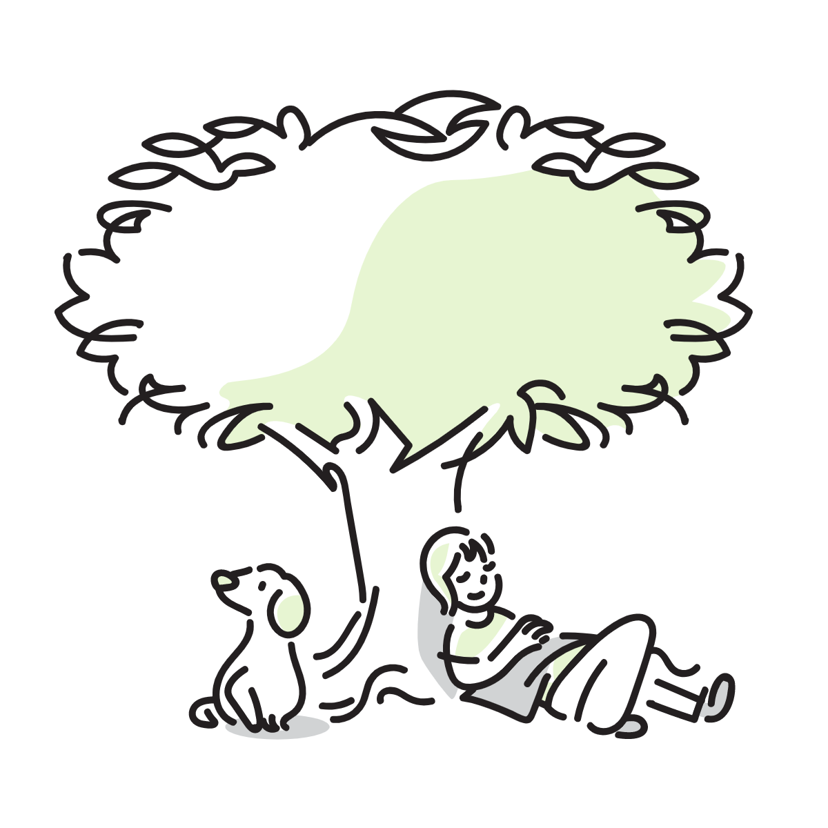 木に寄りかかる人と犬